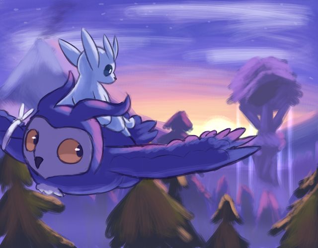drawing of ori and ku from ori and the will of the wisps flying through the sky at sunset